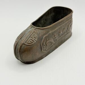 Antique Chinese Brass Shoe Dragon Design Vintage 4.5”L x 1.5”W Ashtray Trinkets